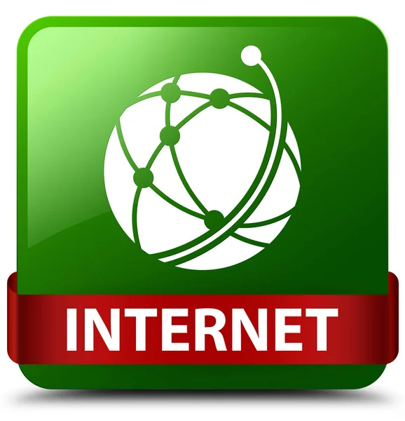 Internet (global network icon) green square button red ribbon in — Stock Photo, Image