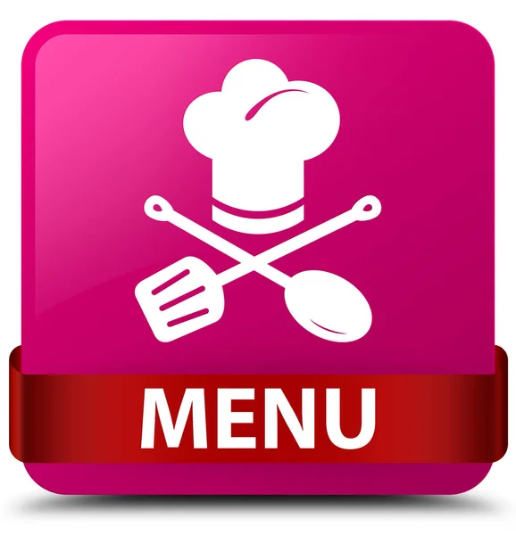 Menü (Restoran simgesi) pembe kare düğme kırmızı kurdele orta — Stok fotoğraf