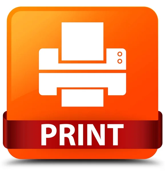 Drukowanie (ikona drukarki) pomarańczowy przycisk kwadratowy czerwoną wstążką w środku — Zdjęcie stockowe