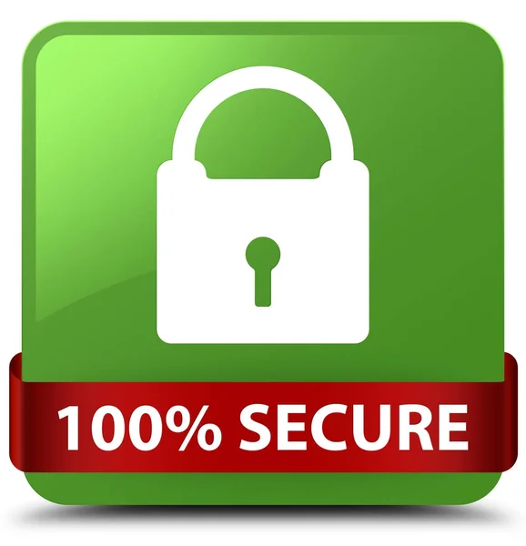 100% secure soft green square button red ribbon in middle — Stock Photo, Image