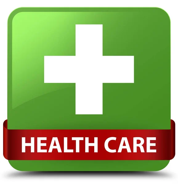 Health care (plus sign) soft green square button red ribbon in m — Stock Photo, Image
