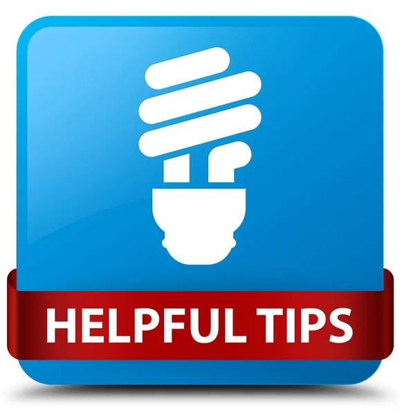 Helpful tips (bulb icon) cyan blue square button red ribbon in m — Stock Photo, Image
