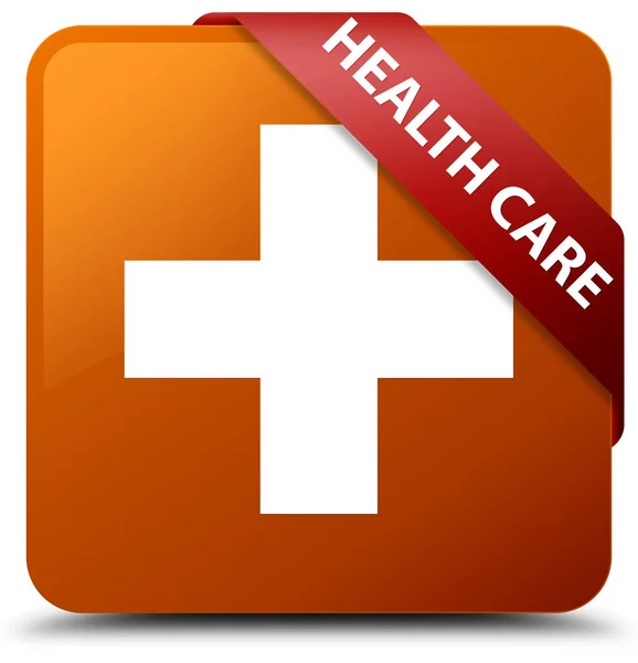 Health care (plus sign) brown square button red ribbon in corner — Stock Photo, Image