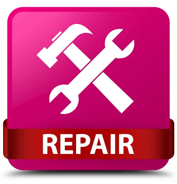 Reparatie (extra pictogram) roze vierkante knop rood lint in Midden — Stockfoto