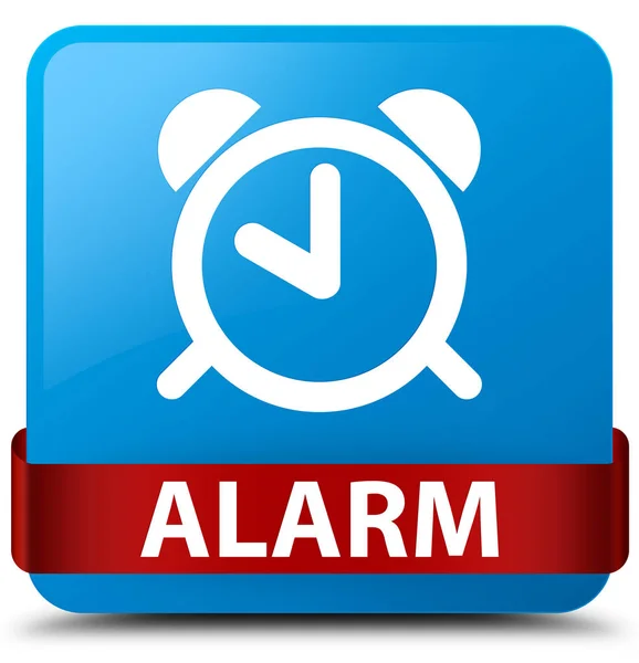Alarm cyan niebieski przycisk kwadratowy czerwoną wstążką w środku — Zdjęcie stockowe