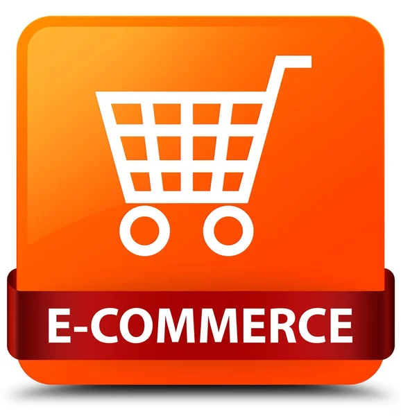 E-commerce pomarańczowy kwadrat przycisk czerwoną wstążką w środku — Zdjęcie stockowe