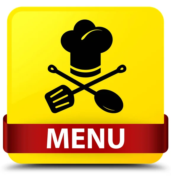 Menü (icon étterem) sárga négyzet gomb piros szalag közepén — Stock Fotó