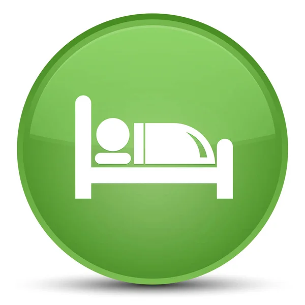 Otel yatak kutsal kişilerin resmi özel yumuşak yeşil yuvarlak düğme — Stok fotoğraf