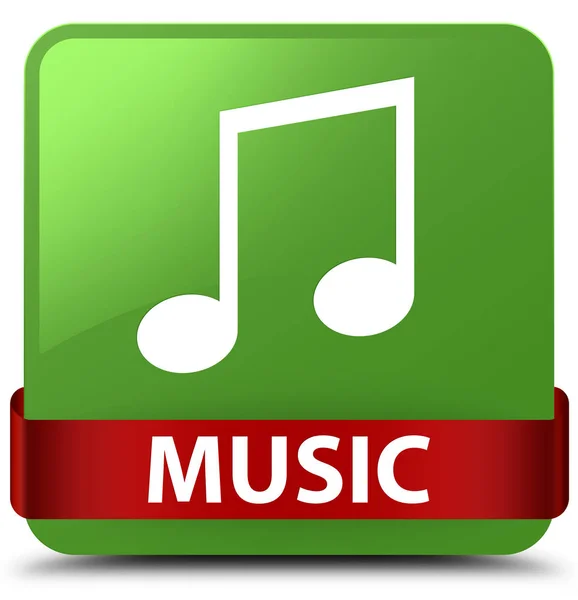 Música (icono de la melodía) botón cuadrado verde suave cinta roja en el centro — Foto de Stock