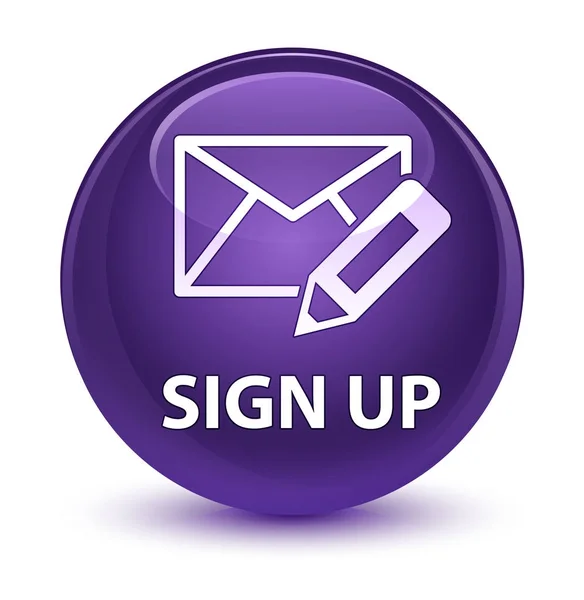 Sign up (edit mail icon) Glassy purple round button — стоковое фото