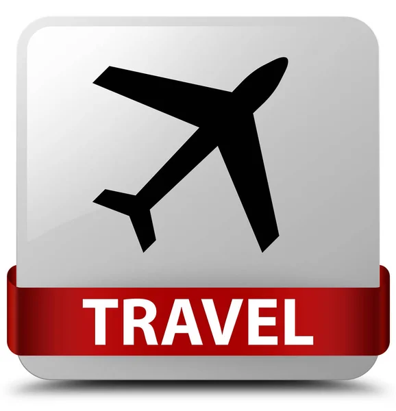 Подорожі (піктограма літака) біла квадратна кнопка червона стрічка посередині — стокове фото