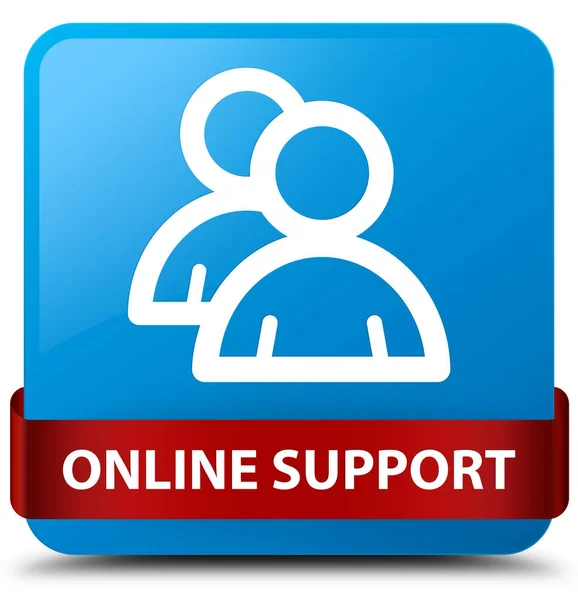 Support en ligne (icône de groupe) bouton carré bleu cyan ruban rouge i — Photo