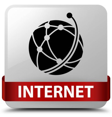 Internet (küresel ağ simgesini) beyaz kare düğme kırmızı kurdele