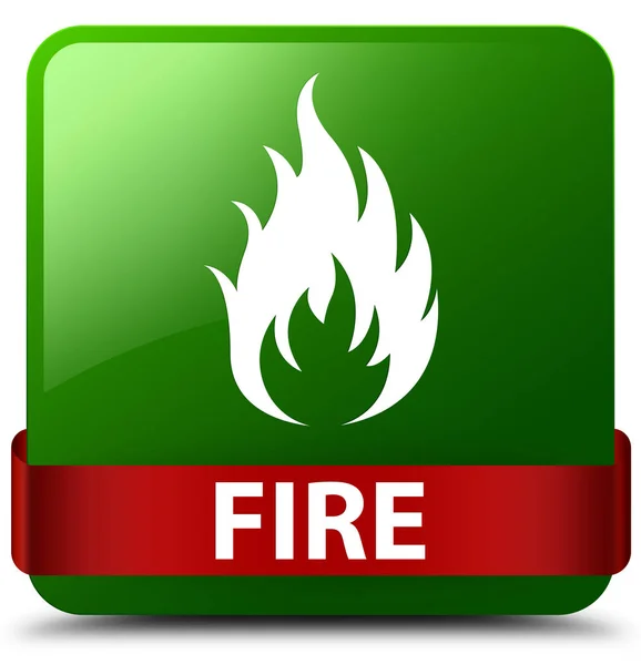 Tűz a zöld négyzet gomb piros szalag közepén — Stock Fotó