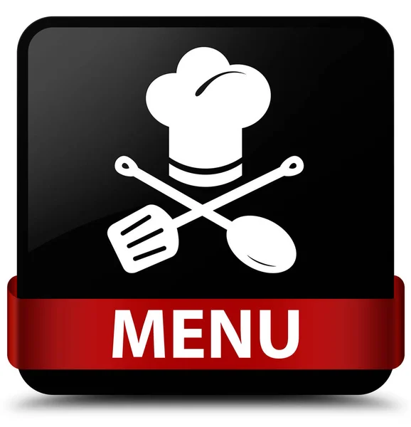 菜单 (餐厅图标) 黑色方形按钮红丝带中间 — 图库照片