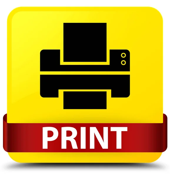 Tisk (ikona tiskárny) žluté čtvercové tlačítko červenou stuhou uprostřed — Stock fotografie