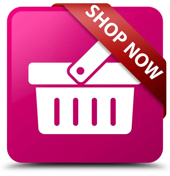 Shop jetzt rosa quadratische Knopf rote Schleife in der Ecke — Stockfoto