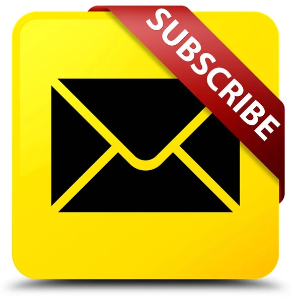 订阅 (电子邮件图标) 黄色方形按钮红丝带在角落 — 图库照片