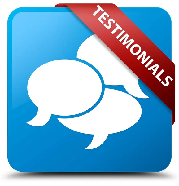 Testimonials (comments icon) cyan blue square button red ribbon — Stock Photo, Image