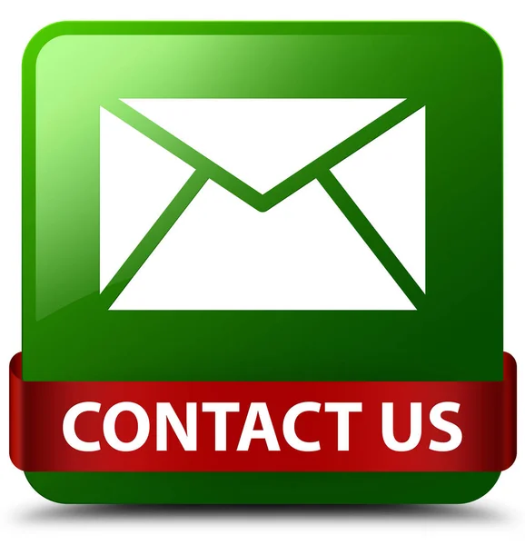 Kontakt (e-mail ikona) zielony przycisk kwadratowy czerwoną wstążką w środku — Zdjęcie stockowe