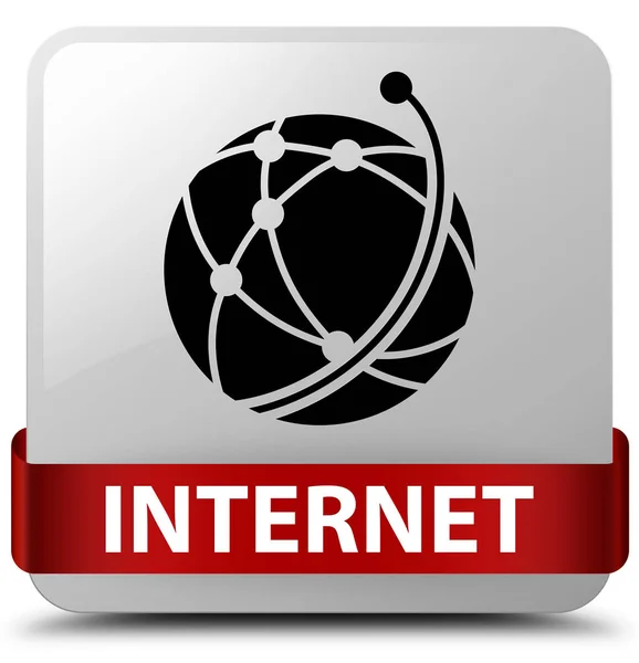 インターネット (グローバル ネットワーク アイコン) 白い正方形ボタン赤いリボンで — ストック写真