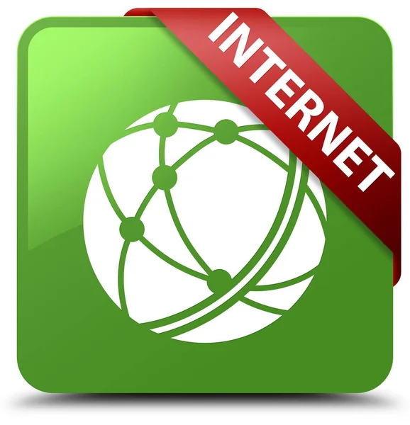 Internet (global network icon) soft green square button red ribb — Stock Photo, Image