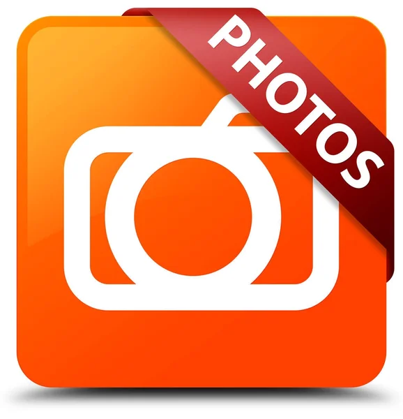 Фотографии (значок камеры) оранжевый квадрат кнопки красная лента в углу — стоковое фото