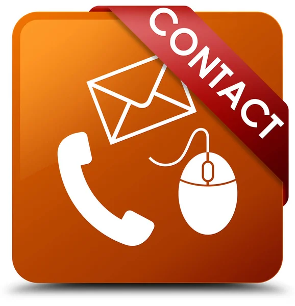 Contact (phone email and mouse icon) brown square button red rib — Stock Photo, Image