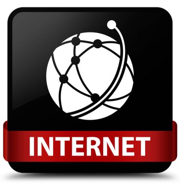 Internet (küresel ağ simgesini) siyah kare düğme kırmızı kurdele