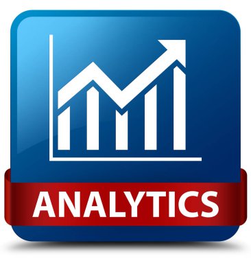 Analytics (istatistik simgesi) mavi kare düğme kırmızı kurdele içinde orta