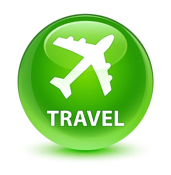 Podróży (ikona płaszczyzny) szklisty zielony okrągły przycisk — Zdjęcie stockowe