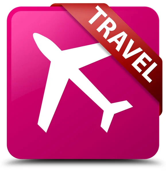 Seyahat (uçak simgesi) pembe kare düğme kırmızı kurdele köşesinde — Stok fotoğraf