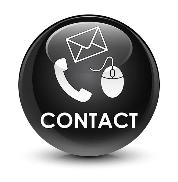 Kontakt (Telefon-E-Mail und Maussymbol) schwarzer gläserner runder Knopf — Stockfoto
