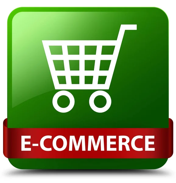 E-commerce πράσινο τετράγωνο κουμπί κόκκινη κορδέλα στη μέση — Φωτογραφία Αρχείου