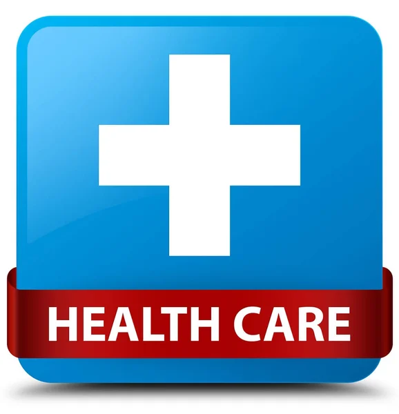 Opieki zdrowotnej (znak plus) cyan niebieski przycisk kwadratowy czerwoną wstążką w mi — Zdjęcie stockowe