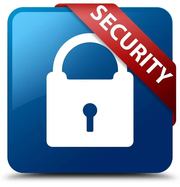 Security (padlock icon) blue square button red ribbon in corner — Stock Photo, Image