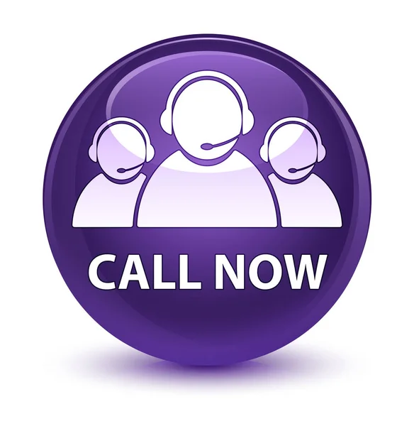 Call now (customer care team icon) glass purple round button — стоковое фото