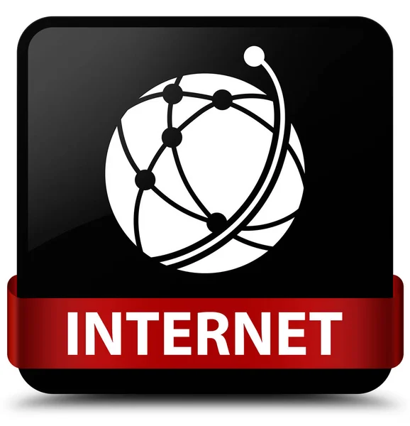 Internet (icono de red global) botón cuadrado negro cinta roja en —  Fotos de Stock