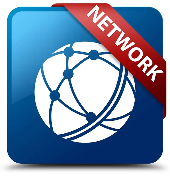 Rede (ícone de rede global) azul quadrado botão fita vermelha em c — Fotografia de Stock