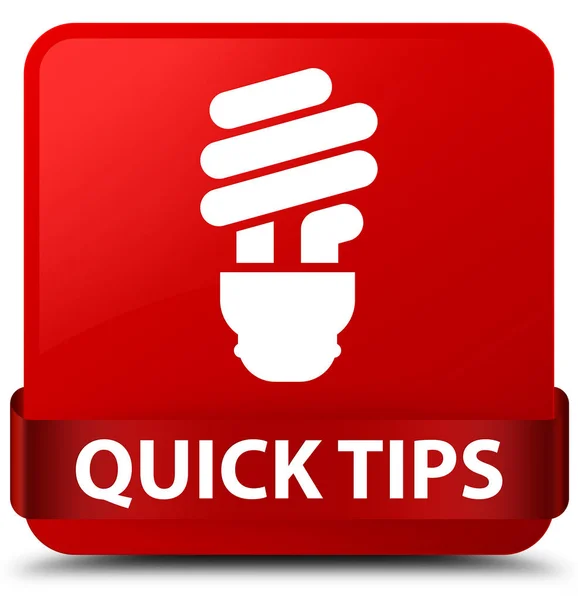 Quick tips (bulb icon) red square button red ribbon in middle — Stock Photo, Image