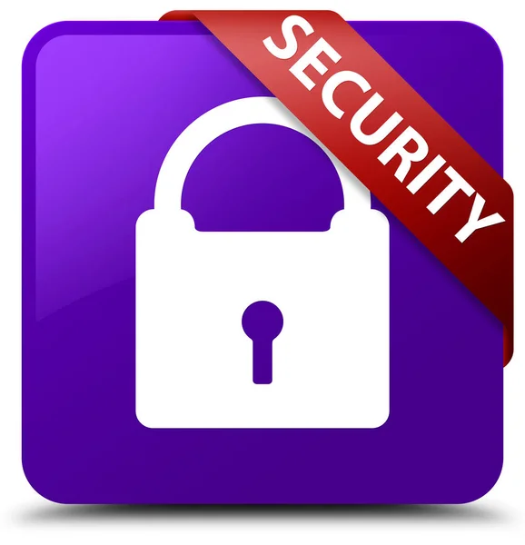 Security (padlock icon) purple square button red ribbon in corne — Stock Photo, Image