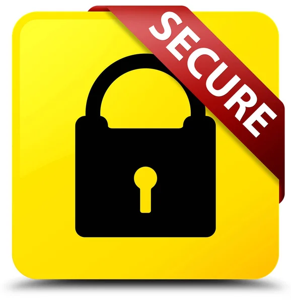 Secure (padlock icon) yellow square button red ribbon in corner — Stock Photo, Image