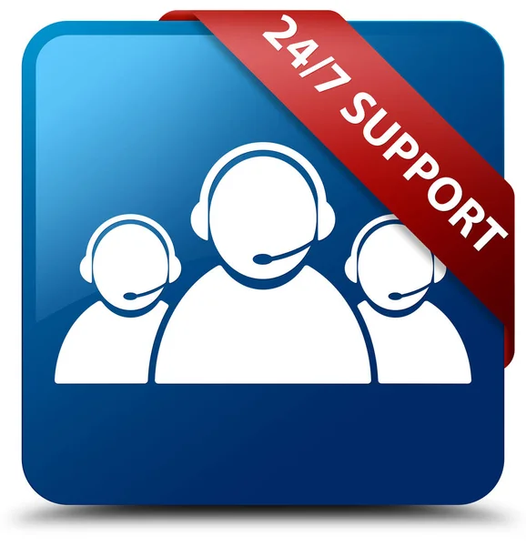 24/7 Support (customer care team icon) blue square button red ri
