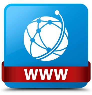 Www (küresel ağ simgesini) camgöbeği mavi kare düğme kırmızı kurdele 