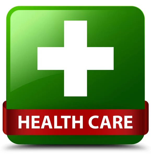 Health care (plus sign) green square button red ribbon in middle — Stock Photo, Image