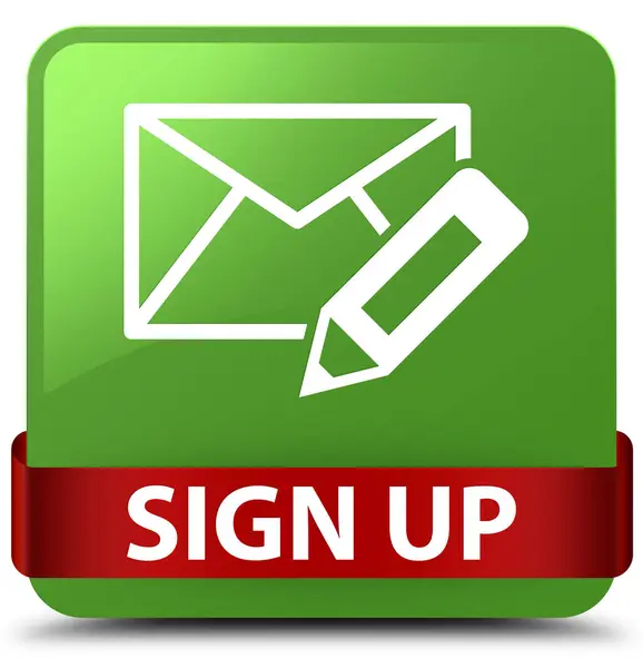 Inscrivez-vous (modifier l'icône de messagerie) bouton carré vert doux ruban rouge dans — Photo