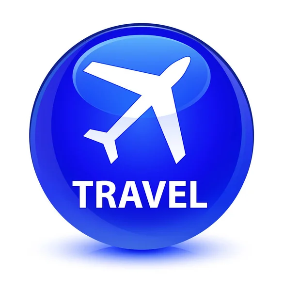Viaje (icono de avión) botón redondo azul vidrioso — Foto de Stock