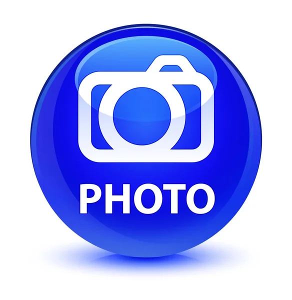 Foto (icono de la cámara) botón redondo azul vidrioso — Foto de Stock