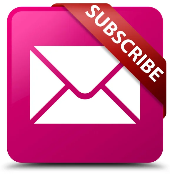 Subscribe (email icon) pink square button red ribbon in corner — Stock Photo, Image