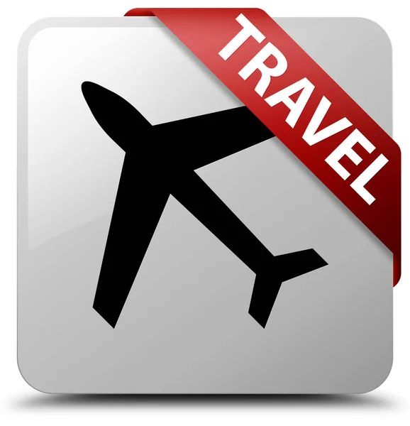 Viagem (ícone de avião) branco quadrado botão fita vermelha no canto — Fotografia de Stock